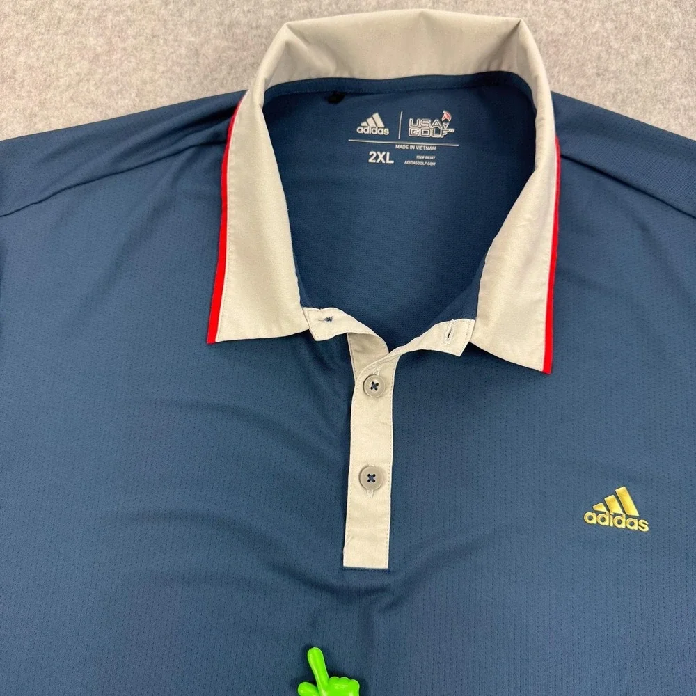 Adidas USA Golf Polo Shirt Mens 2XL Blue Solid Patriotic Performance Stretch Top